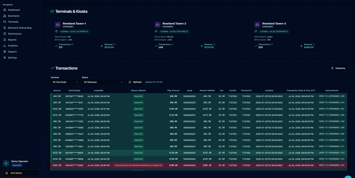RAIL operator dashboard — live transactions